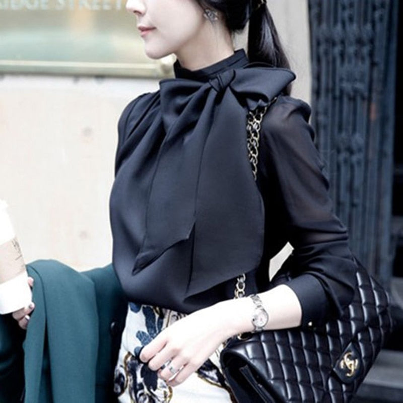 Chiffon Blouses Long Sleeve Bow Tie Collar