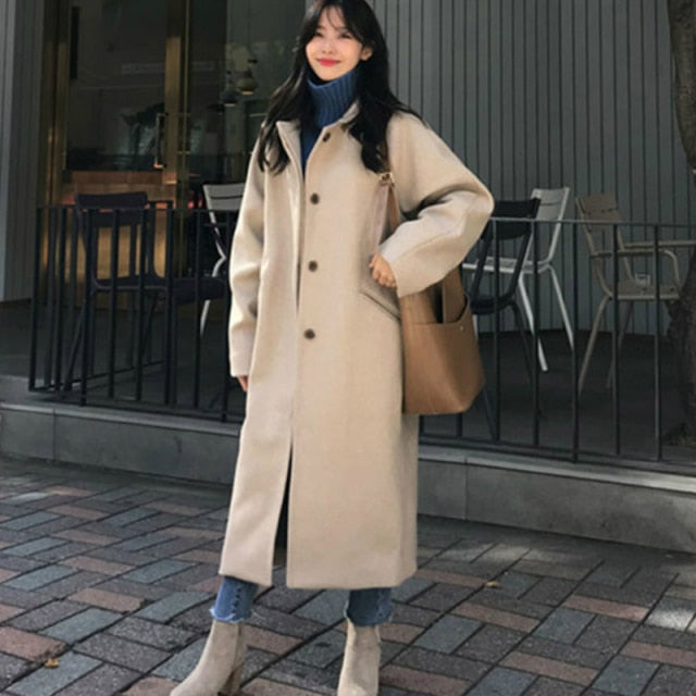 Wool Blends Casual Warm Single Breasted Slim Coat
