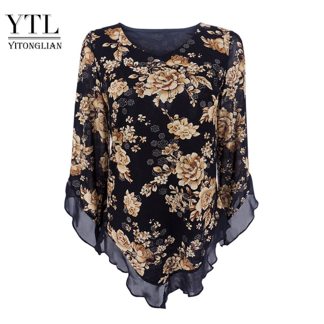 Floral Tunic Flare Sleeve Long Blouse