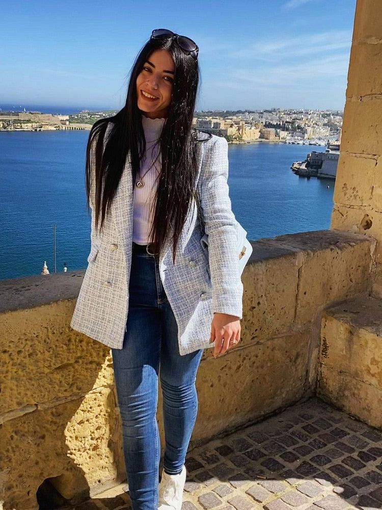 Stylish Chic Blue Tweed Turn down Collar Double Breasted Pockets Coat