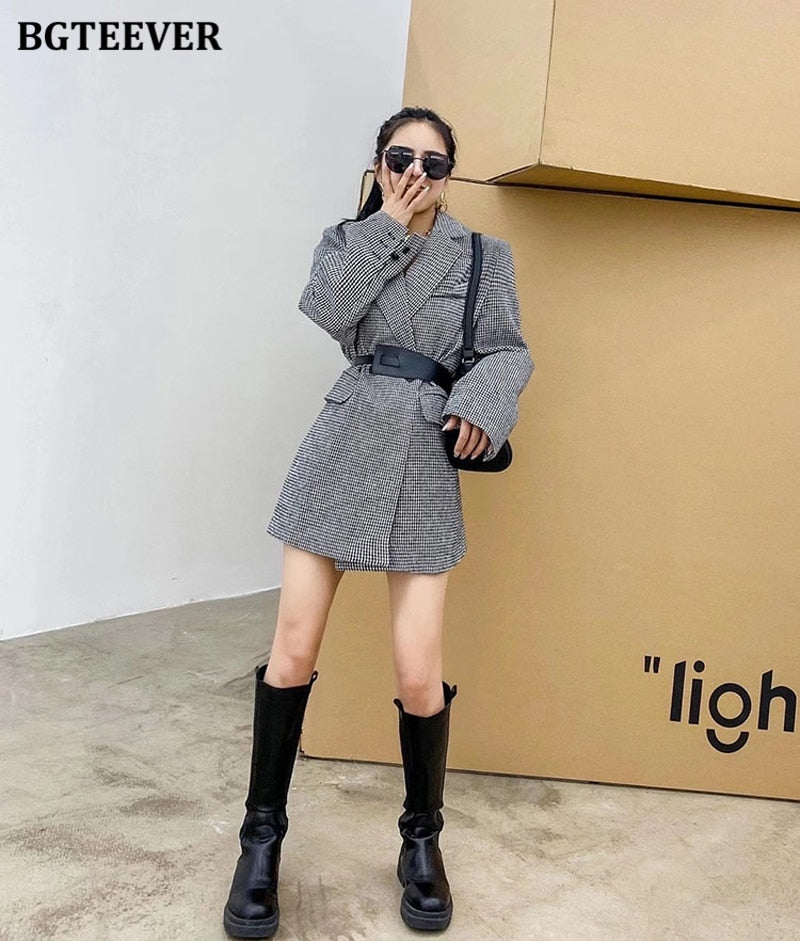 Vintage Woolen Blazer Double Breasted Belted Coats