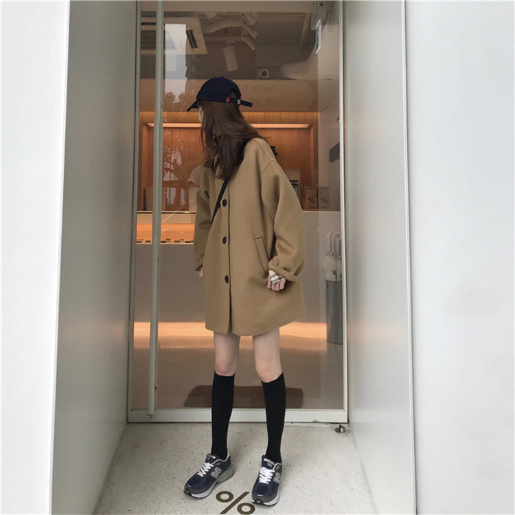 Wool Single Breasted Turn Down Collar Coats