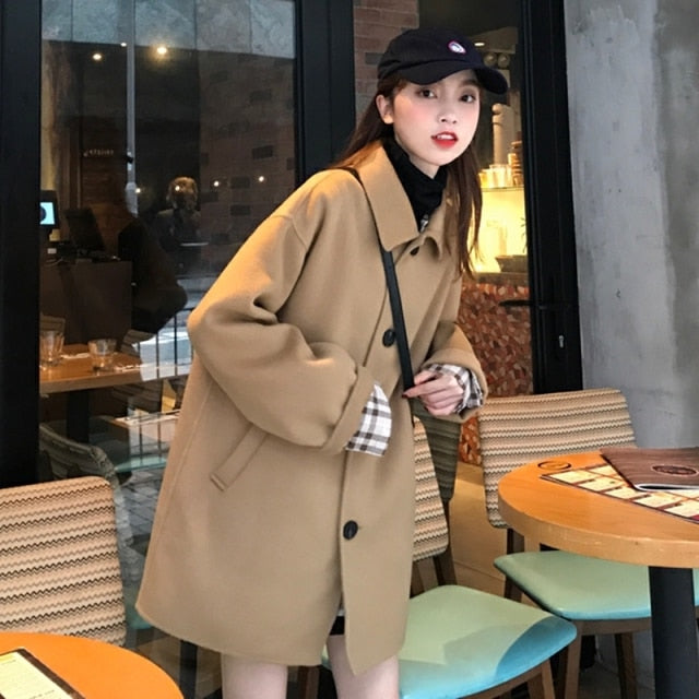 Wool Single Breasted Turn Down Collar Coats