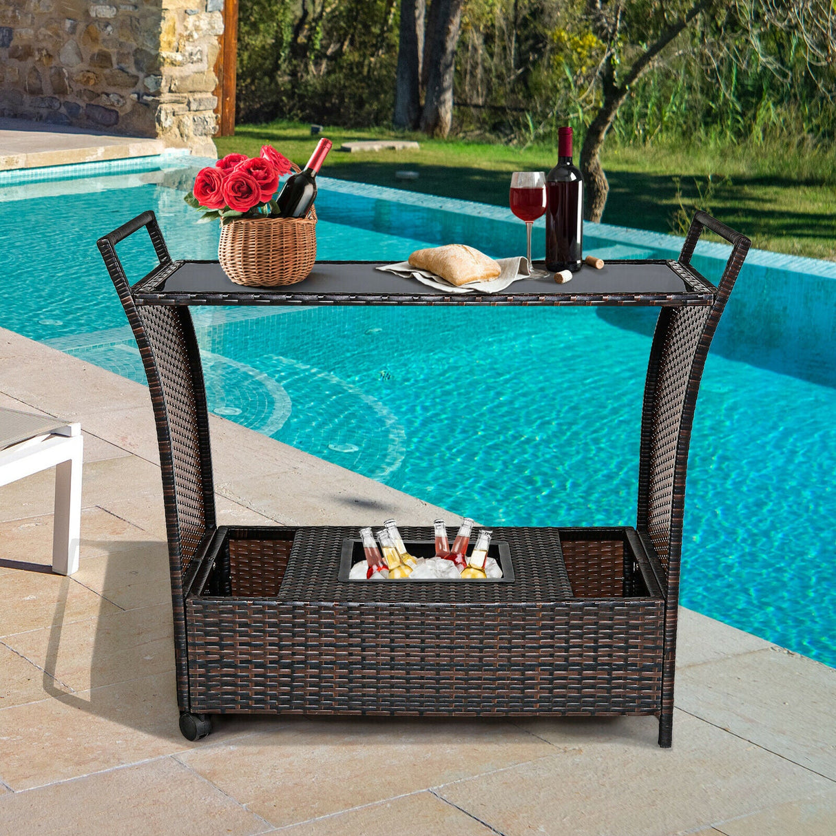 Patio Rattan Bar Serving Cart