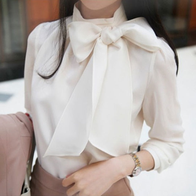 Chiffon Blouses Long Sleeve Bow Tie Collar