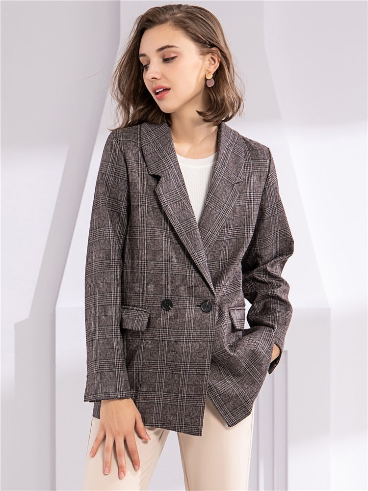 Plaid Double Breasted Pockets Formal Coat