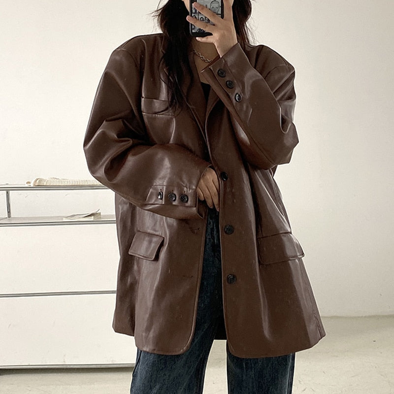 Vintage Loose Leather Moto Chic PU Coat