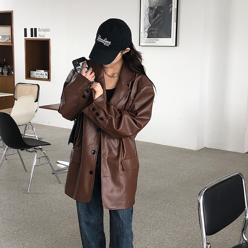 Vintage Loose Leather Moto Chic PU Coat