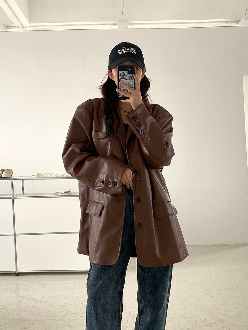 Vintage Loose Leather Moto Chic PU Coat
