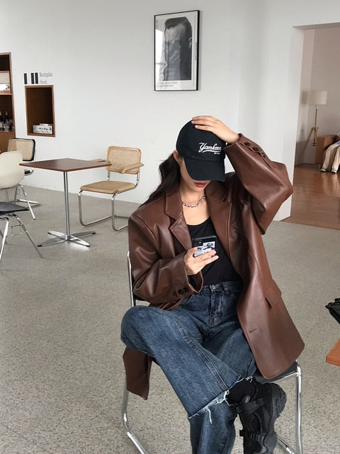 Vintage Loose Leather Moto Chic PU Coat