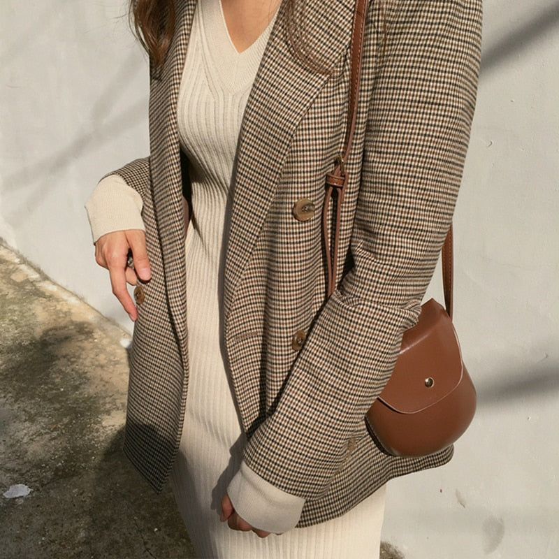 Vintage Double Breasted Office Plaid Long Loose Suit Coat