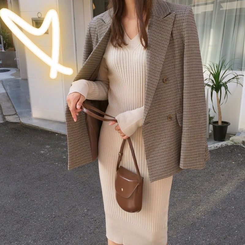 Vintage Double Breasted Office Plaid Long Loose Suit Coat