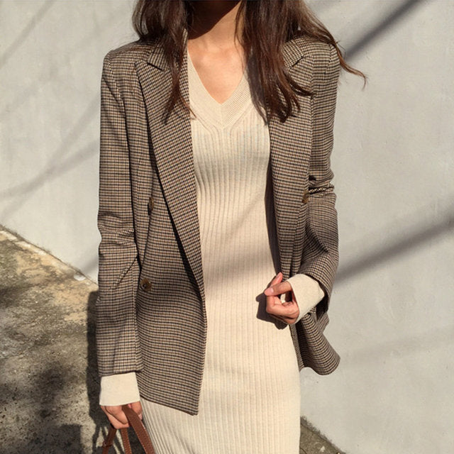 Vintage Double Breasted Office Plaid Long Loose Suit Coat