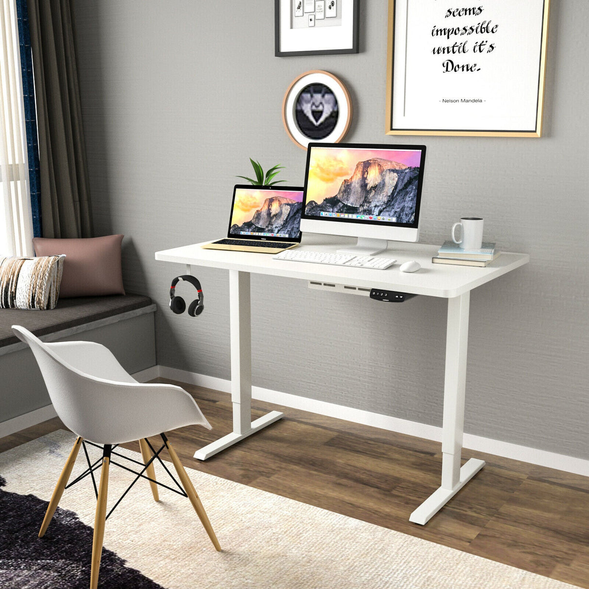 Costway Electric Standing Desk Sit to Stand Height Adjustable Dual Motor White HW67380US-WH+HW68157WH-M