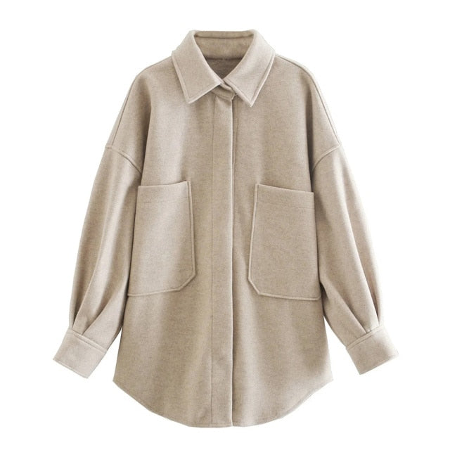 Woolen Loose Casual Solid Solid Lapel Coat
