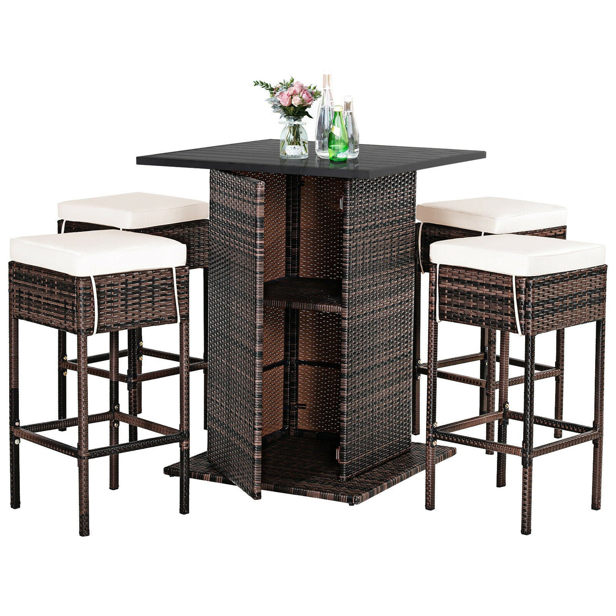 5 Piece Patio Rattan Bar Table Stool Set with Hidden Storage Shelf