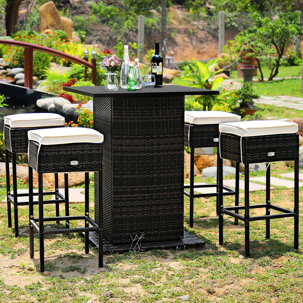 5 Piece Patio Rattan Bar Table Stool Set with Hidden Storage Shelf