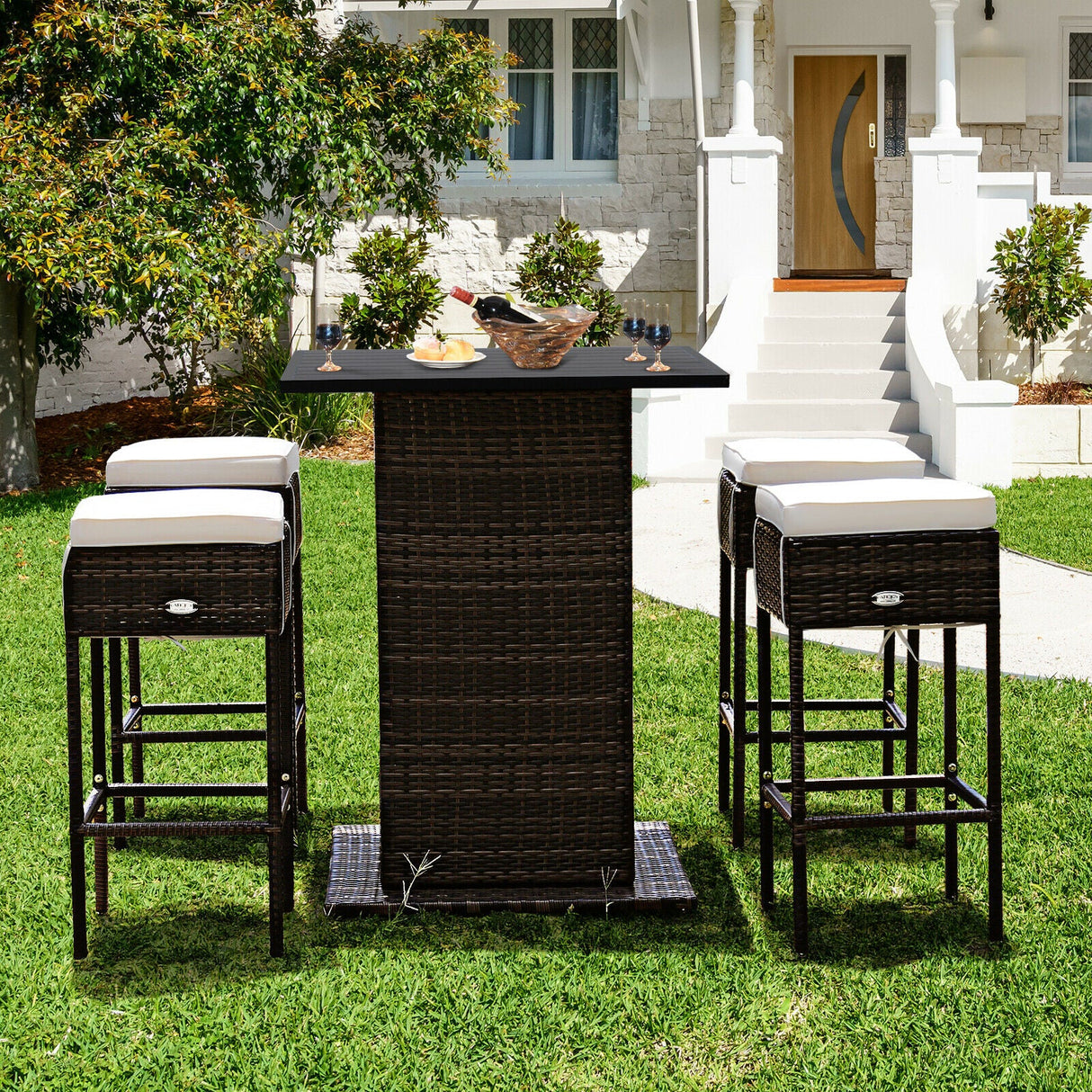 5 Piece Patio Rattan Bar Table Stool Set with Hidden Storage Shelf