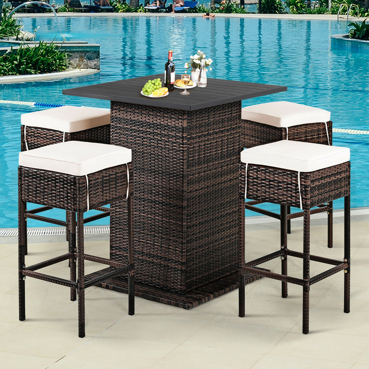 5 Piece Patio Rattan Bar Table Stool Set with Hidden Storage Shelf