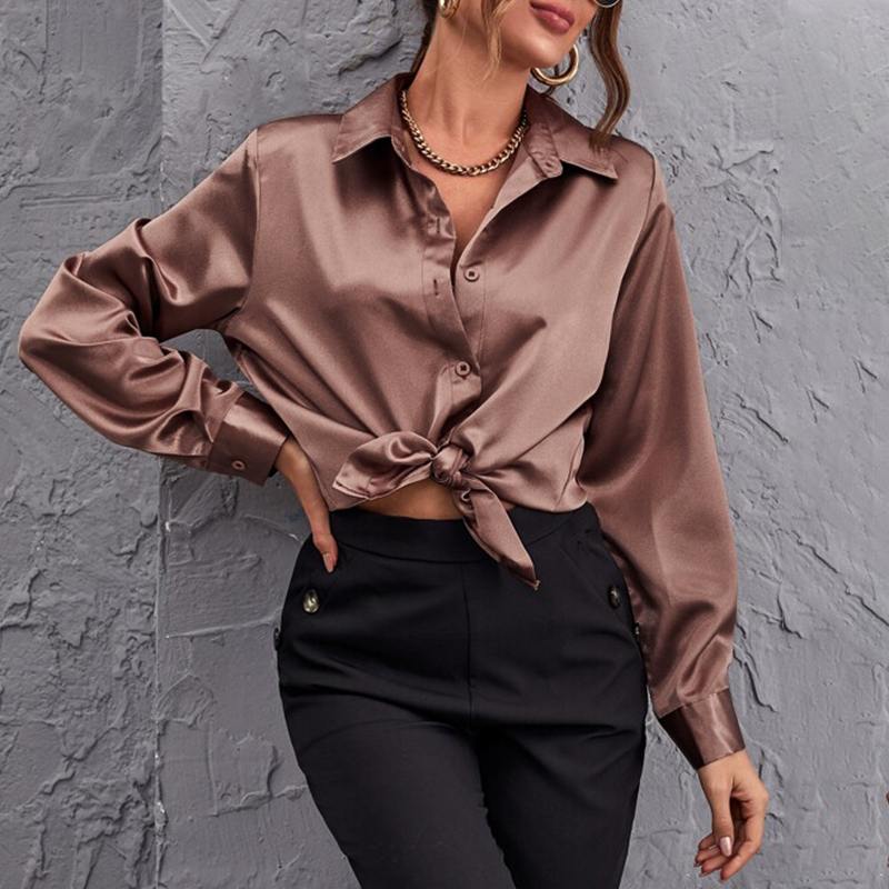 Casual Satin Silk Elegant Solid Color Lapel Blouses