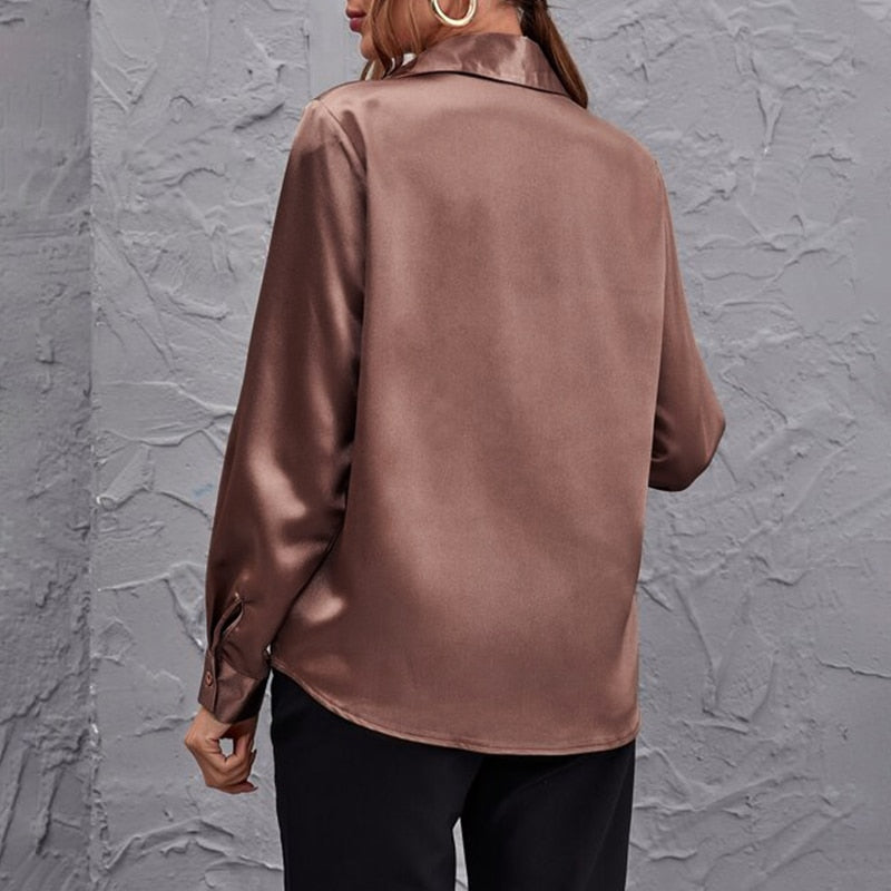 Casual Satin Silk Elegant Solid Color Lapel Blouses
