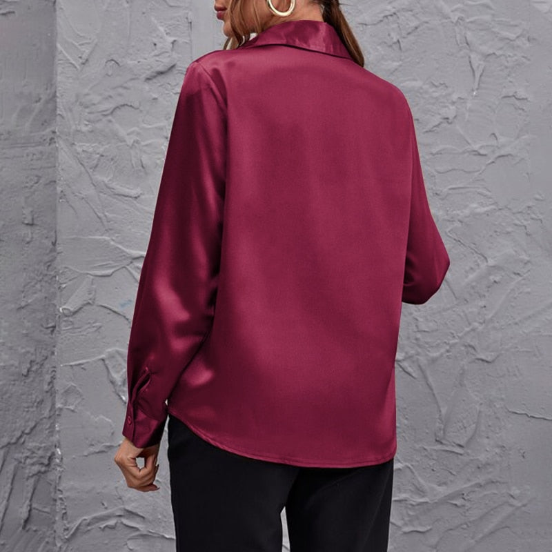 Casual Satin Silk Elegant Solid Color Lapel Blouses