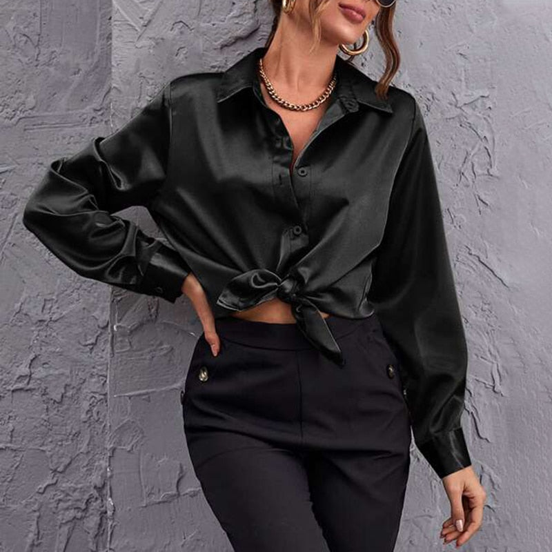 Casual Satin Silk Elegant Solid Color Lapel Blouses