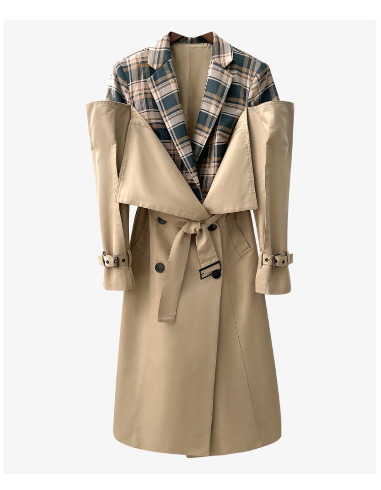 Trench Plaid Windbreaker Bandage Long Coats