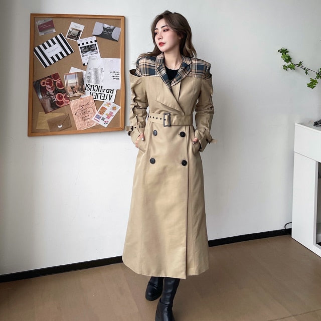 Trench Plaid Windbreaker Bandage Long Coats