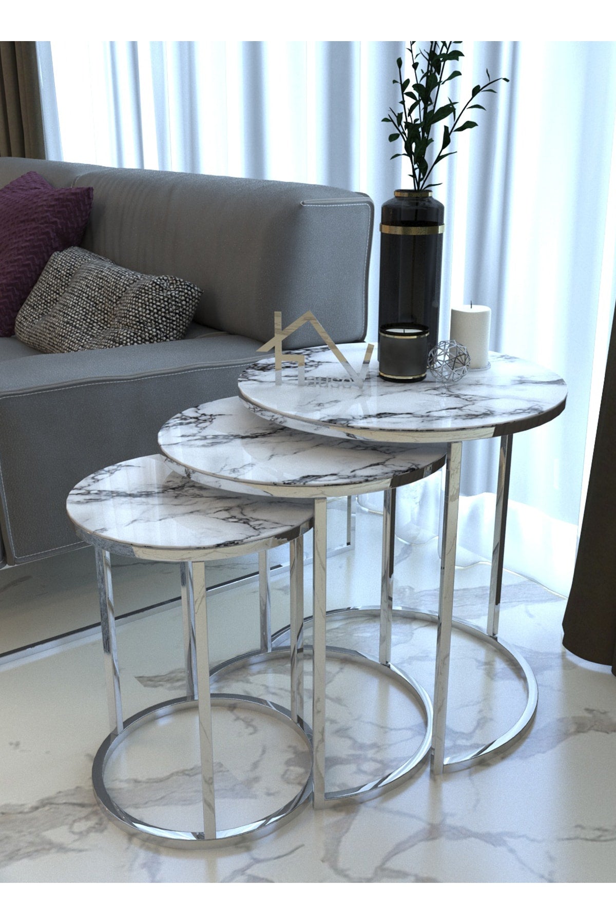 Silver White Marble Glass Coffee Tables (3pcs)