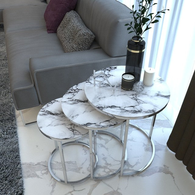 Silver White Marble Glass Coffee Tables (3pcs)