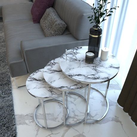 Silver White Marble Glass Coffee Tables (3pcs)