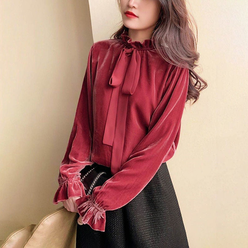 Vintage Velvet Blouse Elegant Ruffle Stand Collar Lace-Up