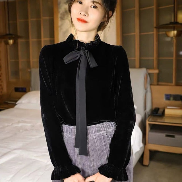 Vintage Velvet Blouse Elegant Ruffle Stand Collar Lace-Up