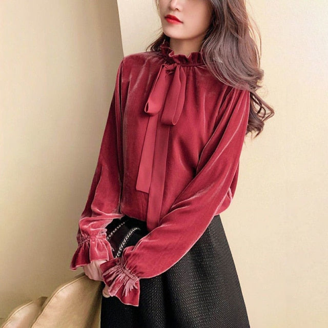 Vintage Velvet Blouse Elegant Ruffle Stand Collar Lace-Up