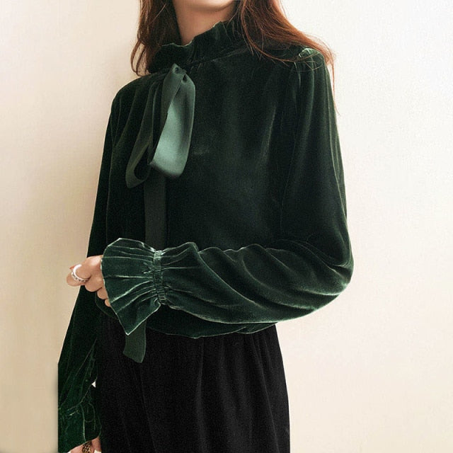 Vintage Velvet Blouse Elegant Ruffle Stand Collar Lace-Up