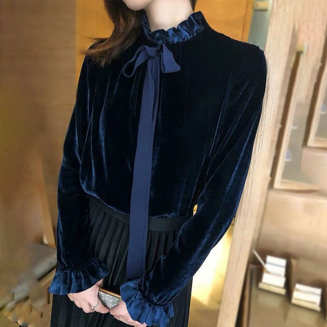 Vintage Velvet Blouse Elegant Ruffle Stand Collar Lace-Up