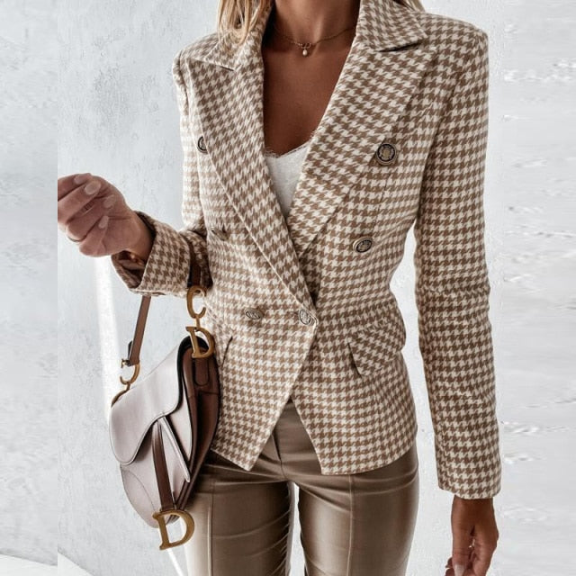 Plaid Print Loose Casual Elegant Double Breasted Office Coat