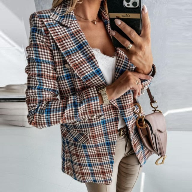 Plaid Print Loose Casual Elegant Double Breasted Office Coat