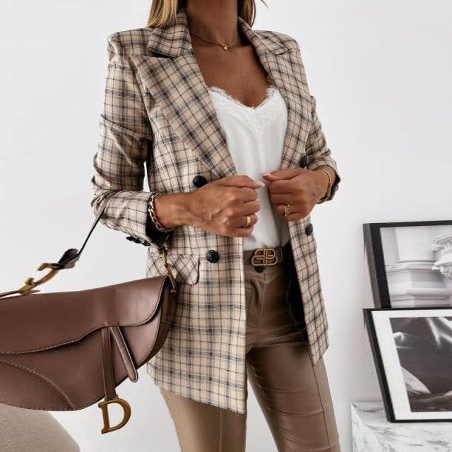 Plaid Print Loose Casual Elegant Double Breasted Office Coat