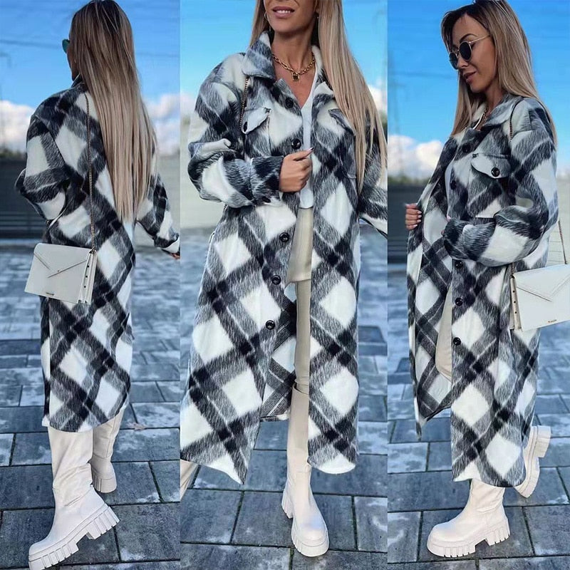 Retro Pattern Single Breasted Office Long Wool Coat