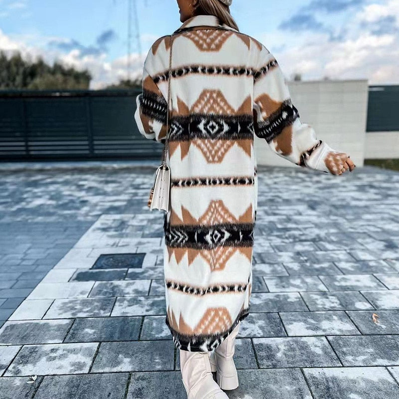 Retro Pattern Single Breasted Office Long Wool Coat