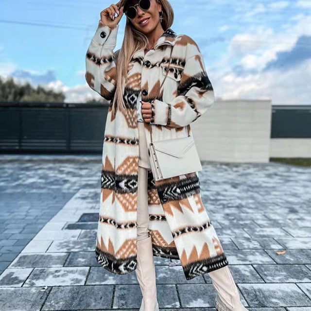 Retro Pattern Single Breasted Office Long Wool Coat