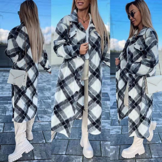 Retro Pattern Single Breasted Office Long Wool Coat