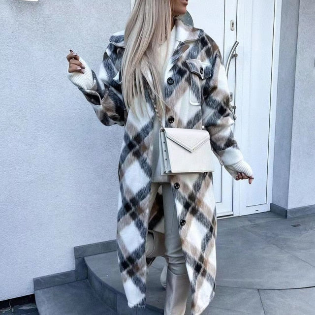 Retro Pattern Single Breasted Office Long Wool Coat