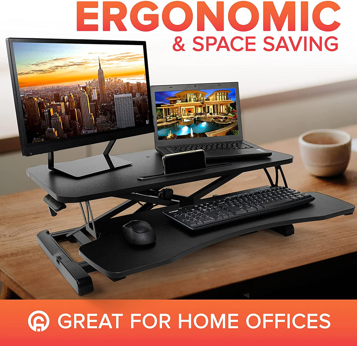 Black Adjustable Folding Standing Computer and Laptop Sit Stand Desk Converter Workstation with a Keyboard Tray