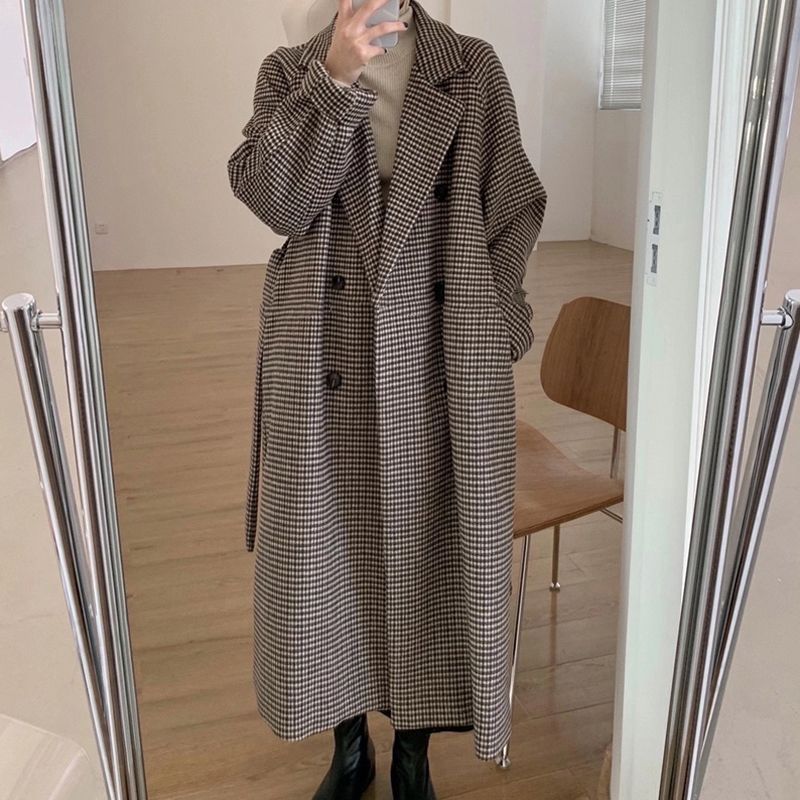 Vintage Wool Plaid Double Breasted Causal Coats