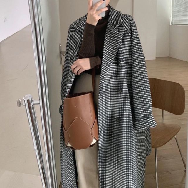 Vintage Wool Plaid Double Breasted Causal Coats