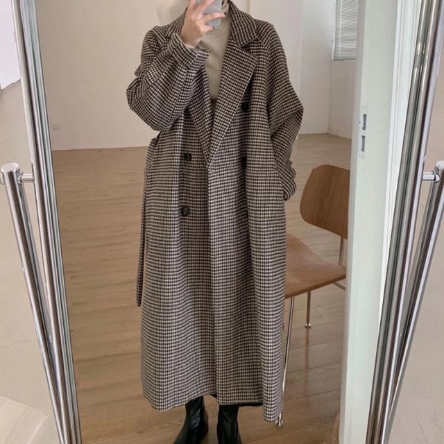 Vintage Wool Plaid Double Breasted Causal Coats