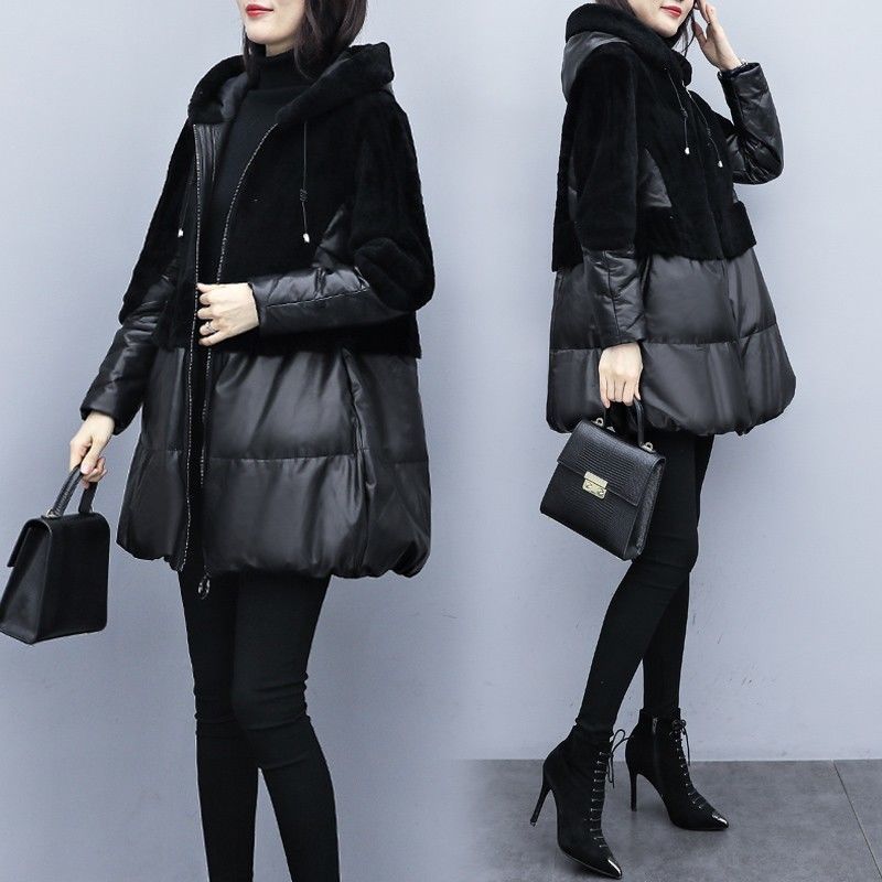 PU Leather Fur Faux Sheep Shearing Stitching Cotton Leather Coat
